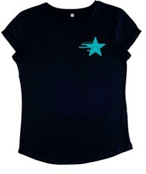 &quot;Wandering Star&quot; Women’s Rolled Sleeve Tee - Navy with Teal Blue Graphic