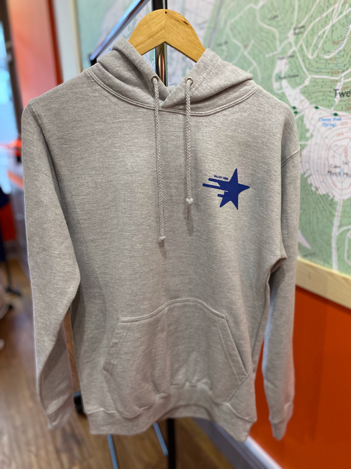 “Wandering Star” Unisex Pullover Hoodie - Heather Grey with Blue Ink Graphic