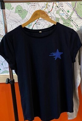 &quot;Wandering Star&quot; Women’s Rolled Sleeve Tee - Navy with Purple Graphic