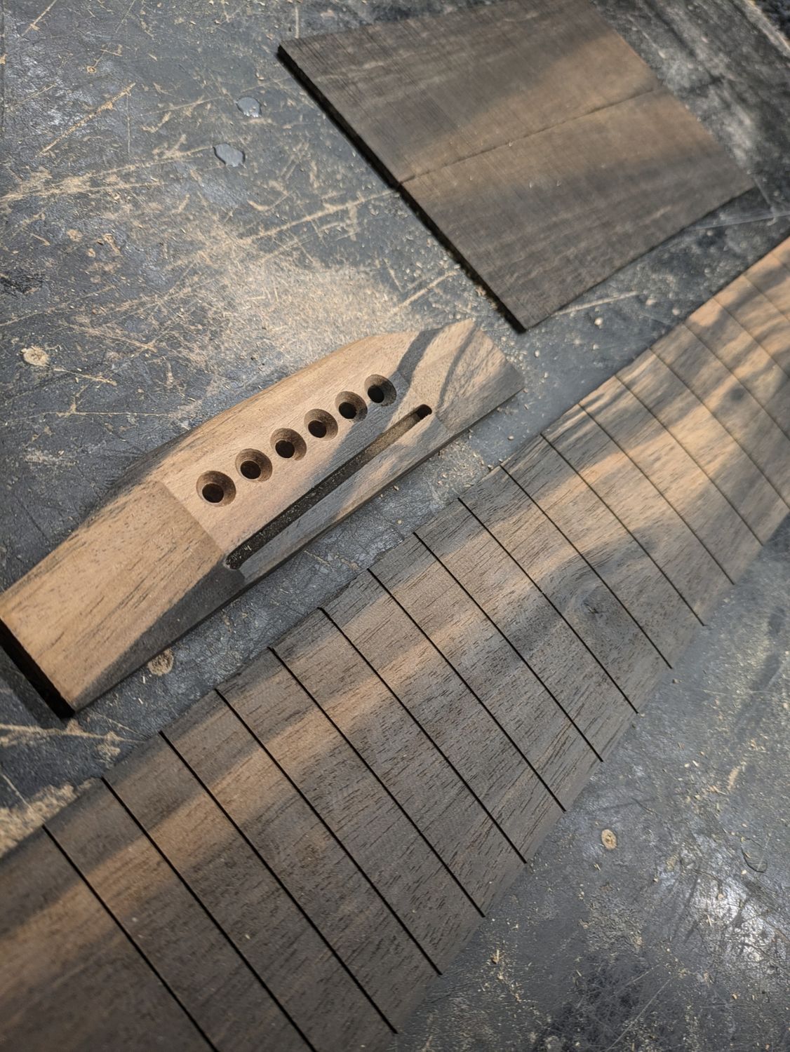 Finished ebony fretboard, bridge and bookmatched headplate 931