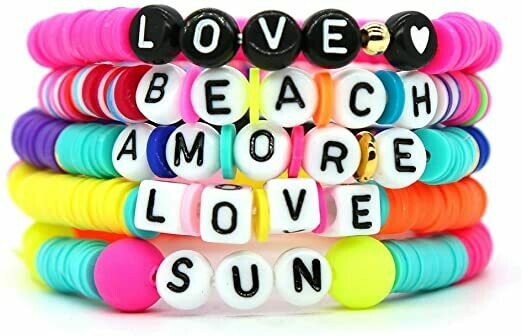 5Pcs Colorful Mother-Daughter Bracelets Set Heishi Beaded Bracelets For Women Stackable Surfer Stretch Friendship Boho Bracelets Rainbow Alphabet Vinyl Disc Bead Bracelet Jewelry