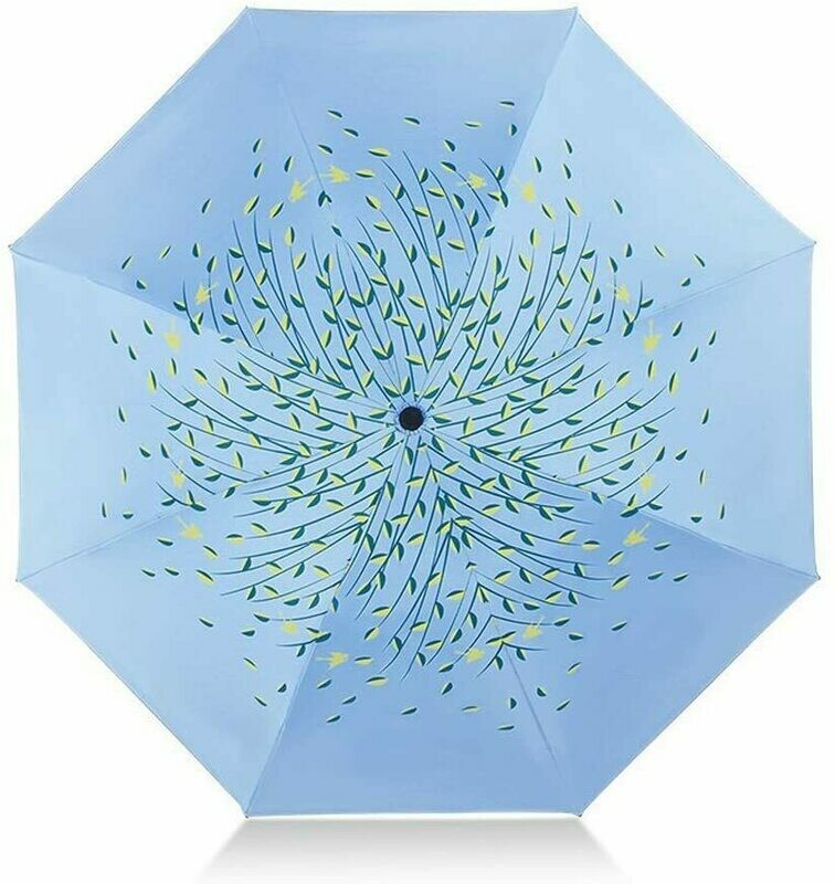 Green Tree Leaf Folding Travel Sun Umbrella Sunblock UV Protection UPF 50+ Rain Resistant Compact Size Parasol Fold into Purse
