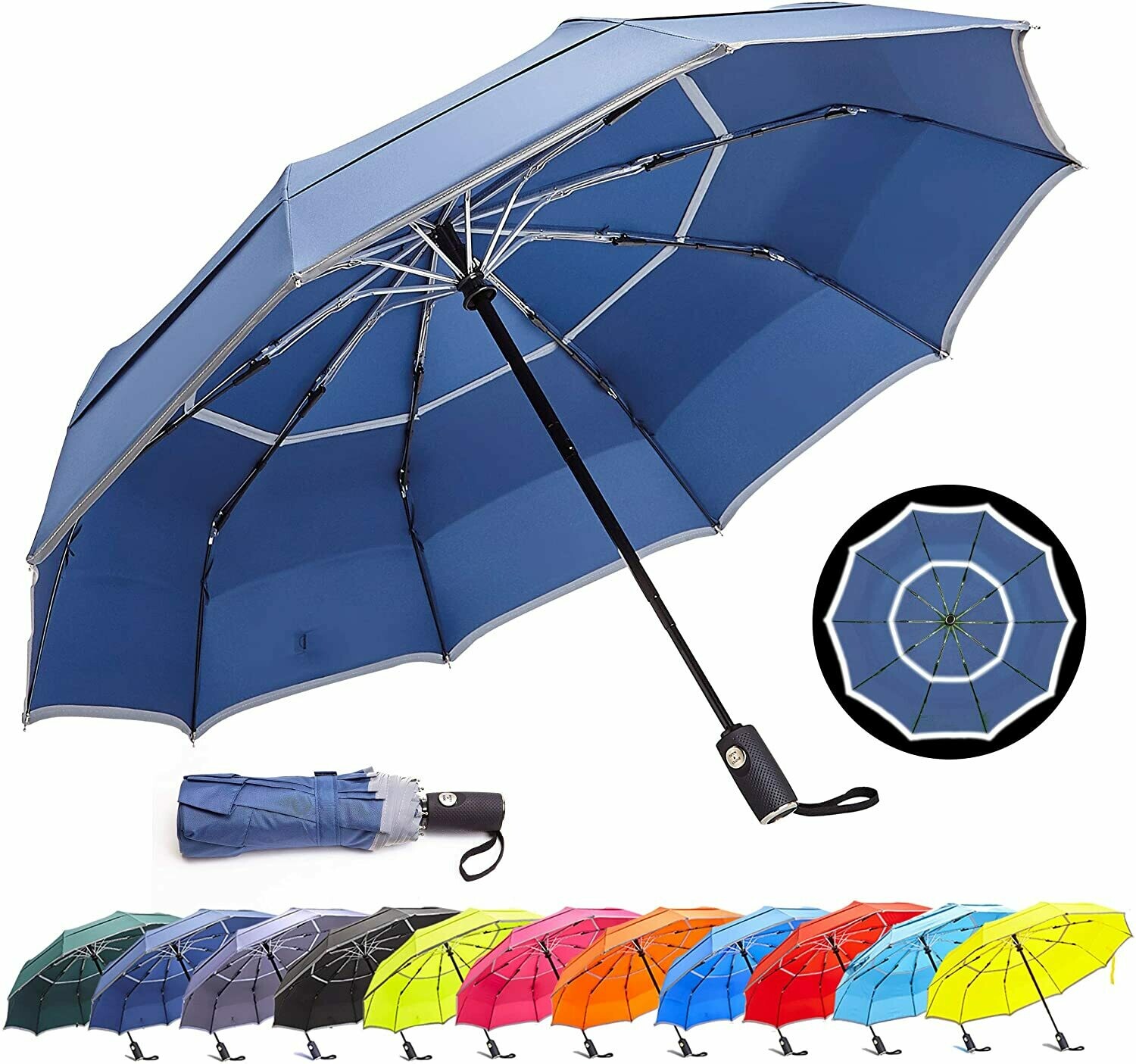 Auto Open Close Compact Portable Lightweight Travel | Night Safety Reflective Strip | Windproof Waterproof UV Protection Umbrella | for Raining Sunny Days Night Time Use (Dark Blue 42-inch)