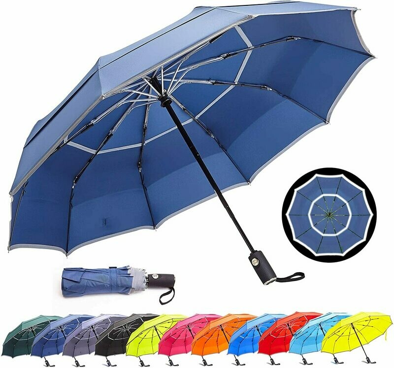 Auto Open Close Compact Portable Lightweight Travel | Night Safety Reflective Strip | Windproof Waterproof UV Protection Umbrella | for Raining Sunny Days Night Time Use (Dark Blue 42-inch)