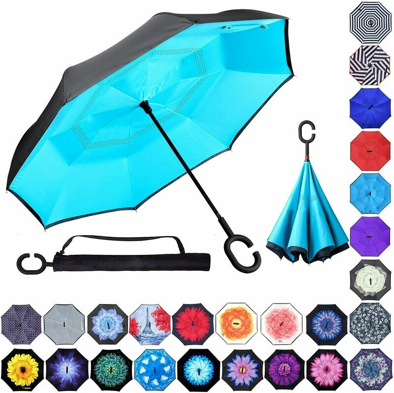 Double Layer Inverted Umbrellas Reverse Folding Umbrella Windproof UV Protection Big Straight Umbrella Inside Out Upside Down for Car Rain Outdoor with C-Shaped Handle