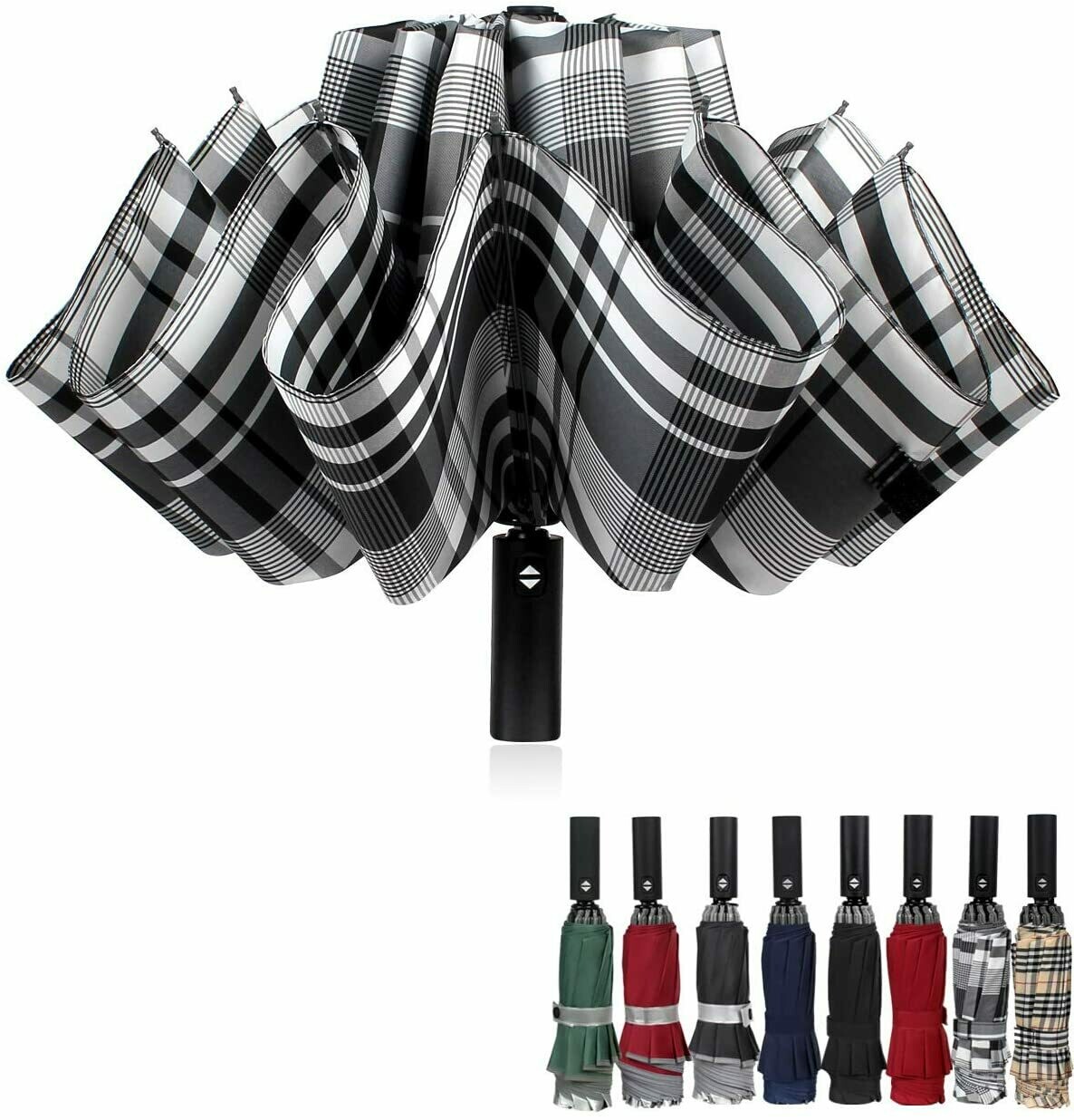 Windproof Travel Umbrella Compact Inverted Umbrella Automatic open and close Folding Reverse Umbrella for Men Women 10 ribs Gray plaid