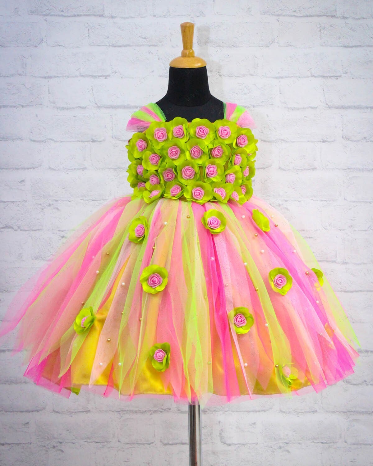 Lime Green And Pink Flower Frock With Multi Stripes