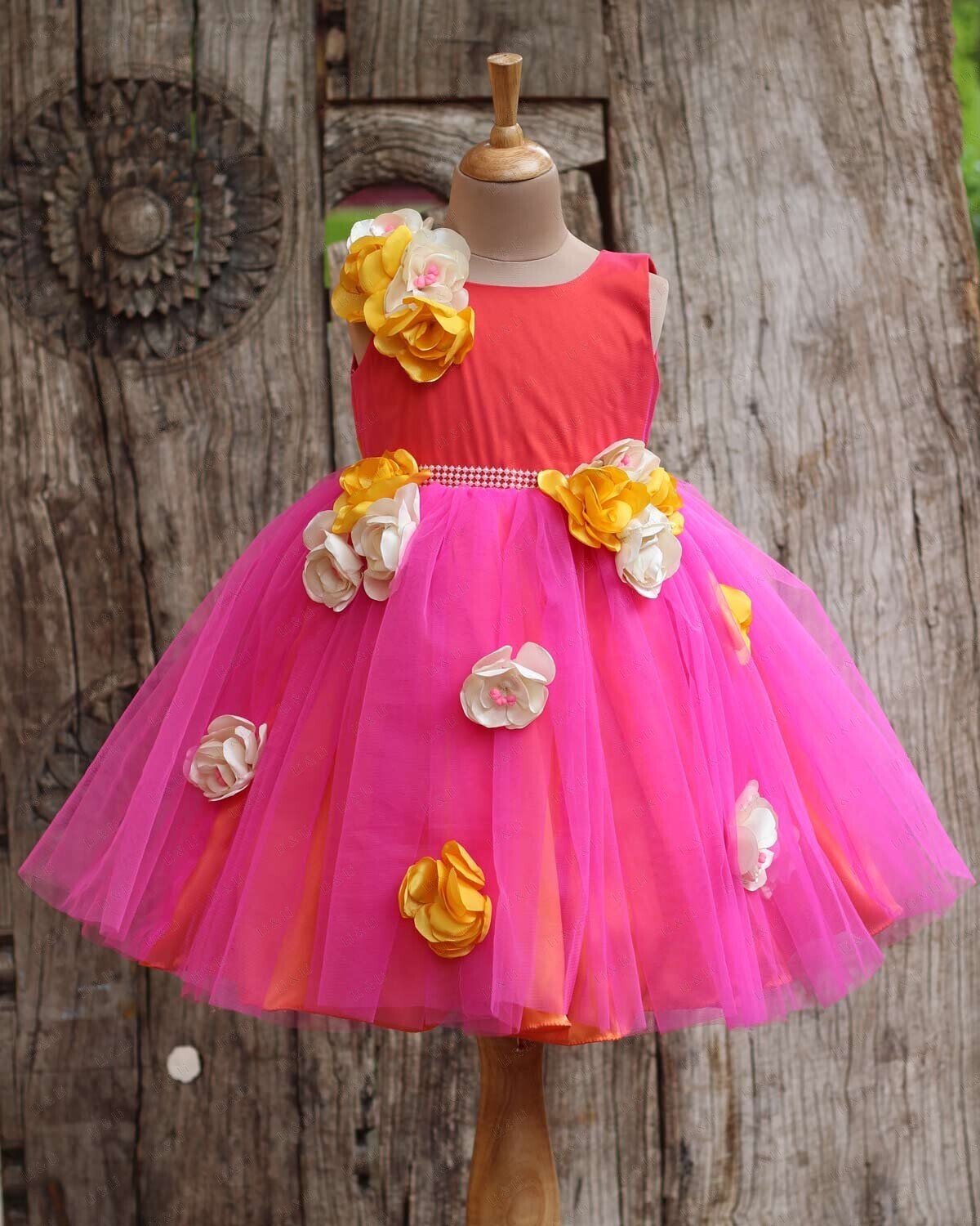 Pinkish Orange Frock With Yellow Ivory Flowers