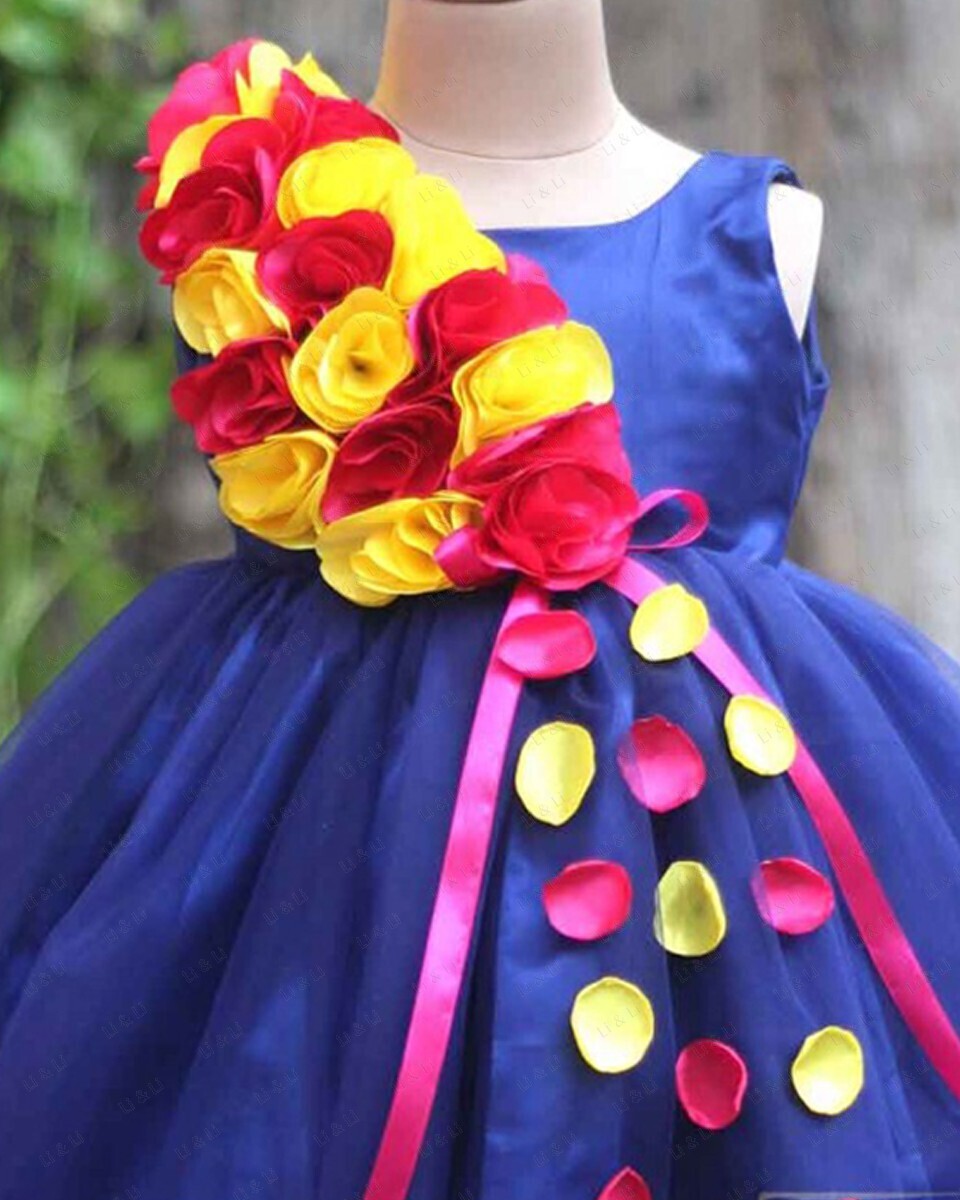 Navy Blue Frock With Pink And Yellow Flowers