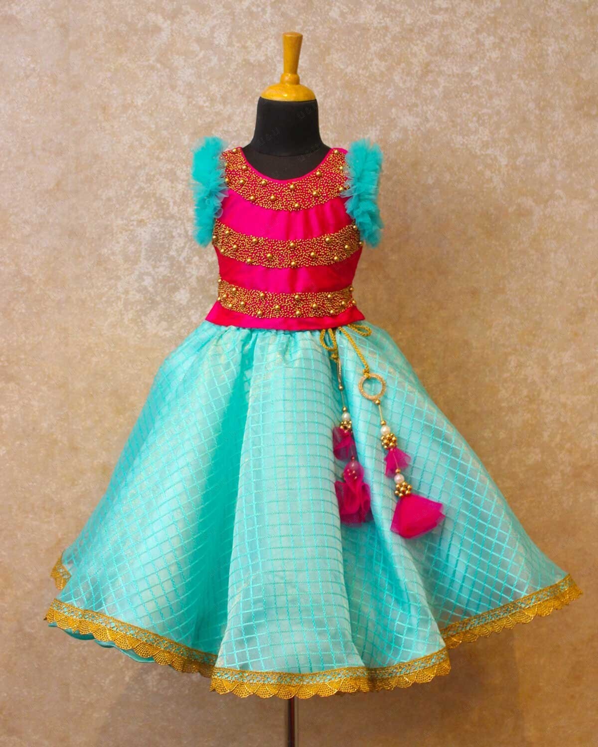 Heavy Beaded Top With Checked Umbrella Skirt