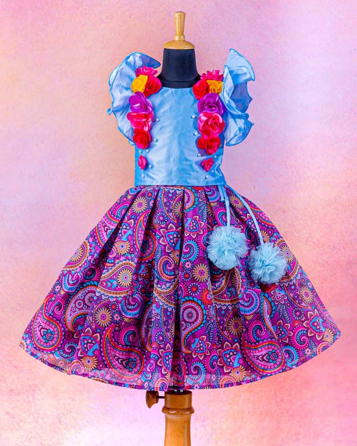 Pink And Blue Mango Motif Printed Skirt And Top