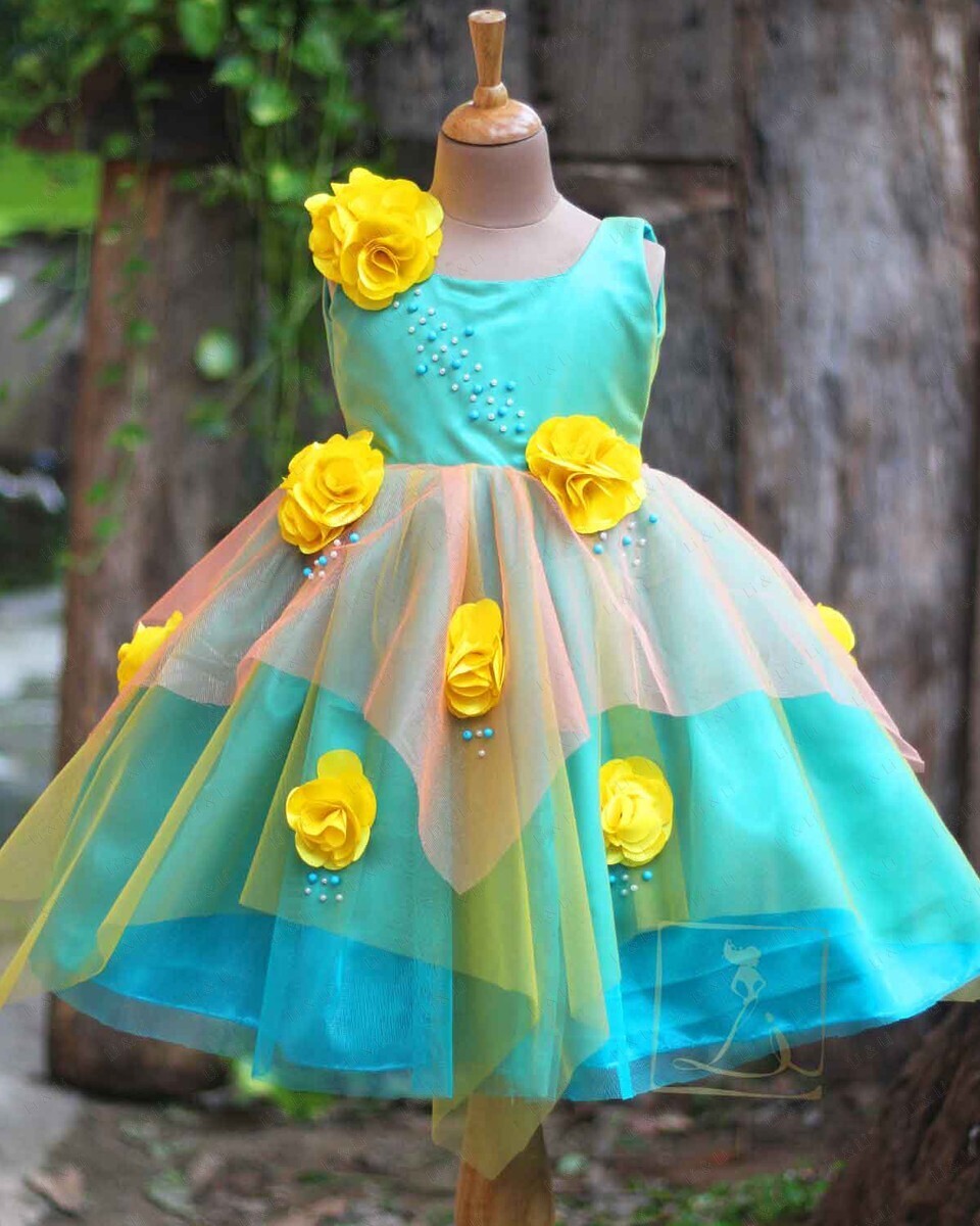 Teal Blue Asymmetrical Frock With Lemon Yellow Flowers