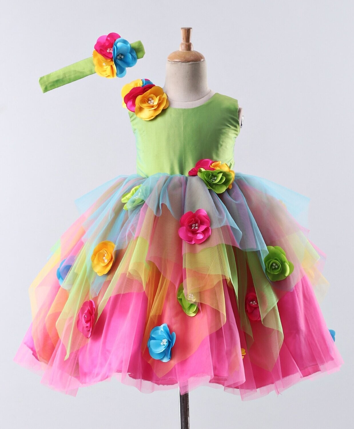 Asymmetrical Vibrant Pink Multi Peacock Flower Frock