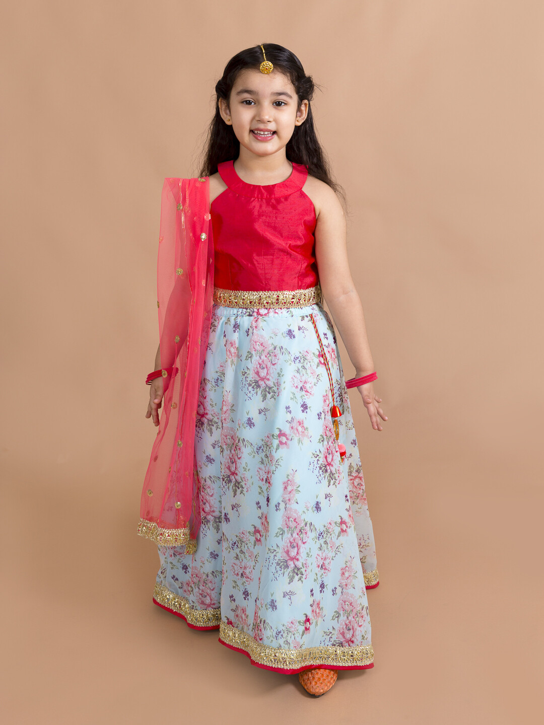 Girls Red &amp; Blue Floral Lehenga Choli Set