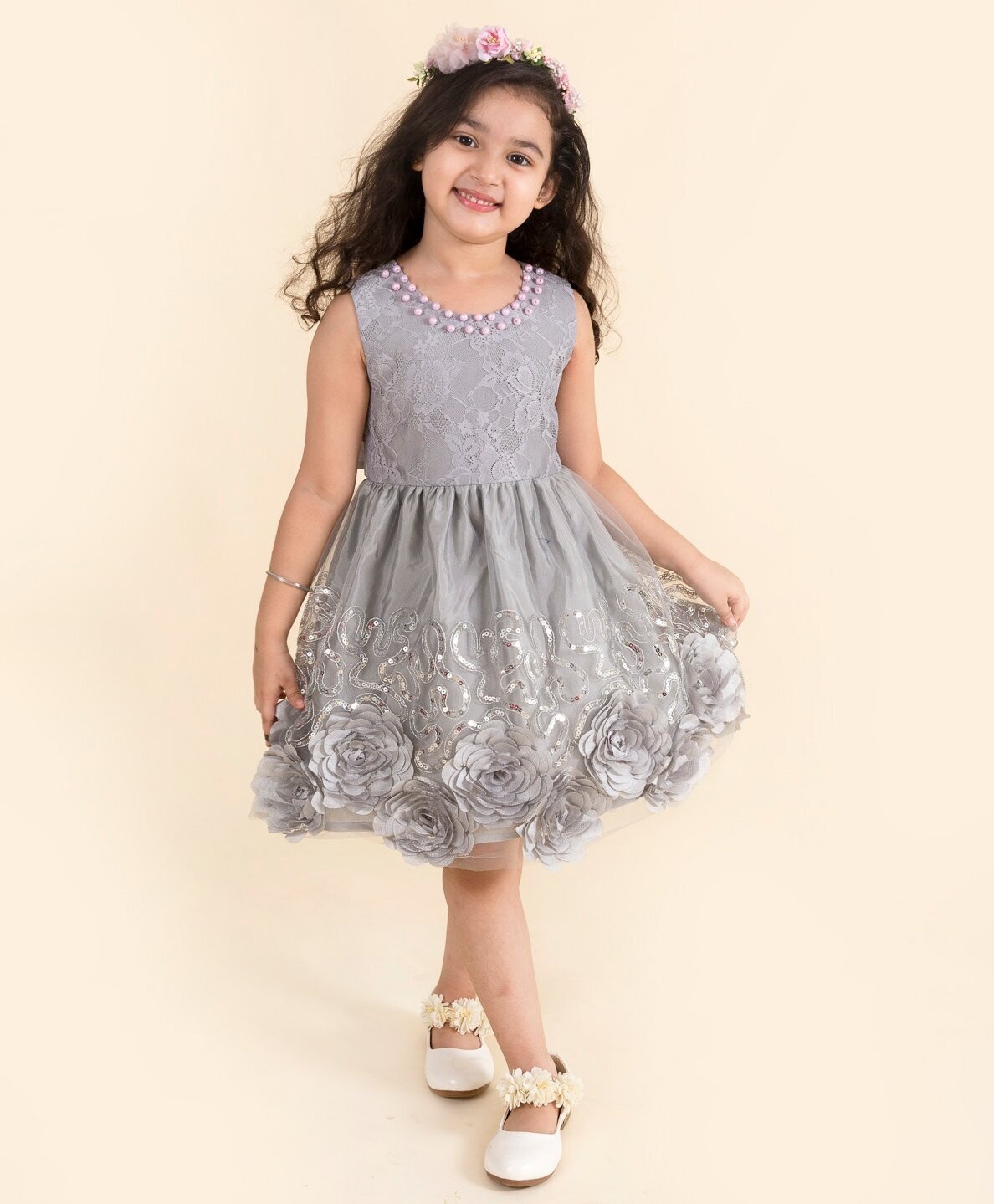 Girl Grey Floral Self Design Net Dress