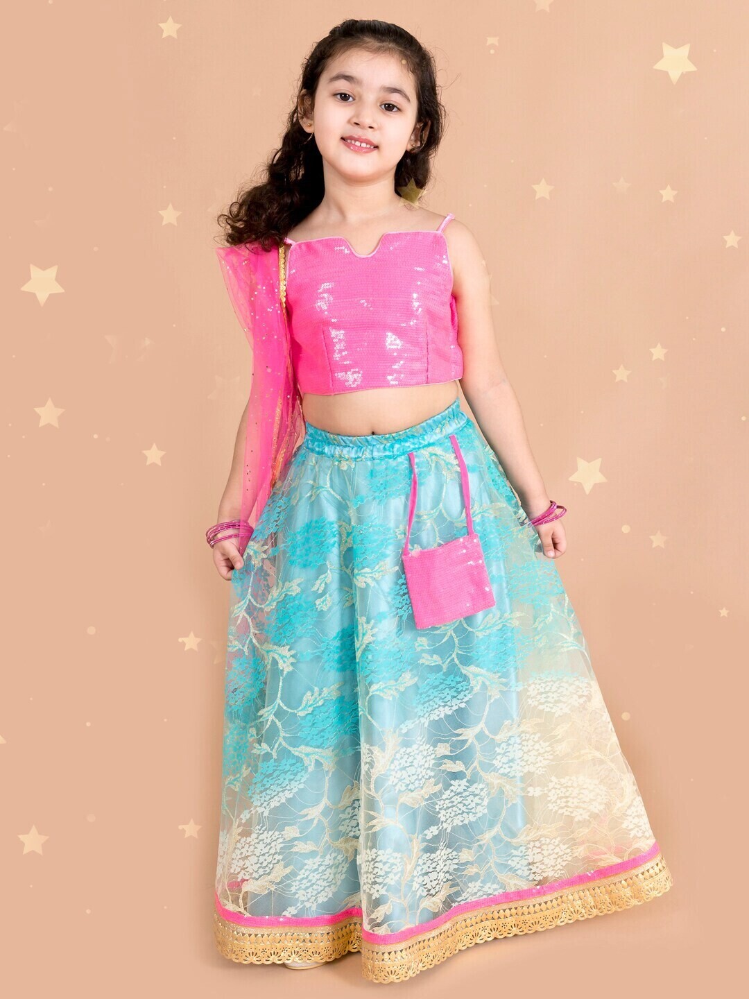 Girls Blue &amp; Pink Embellished Sequined Ready to Wear Lehenga