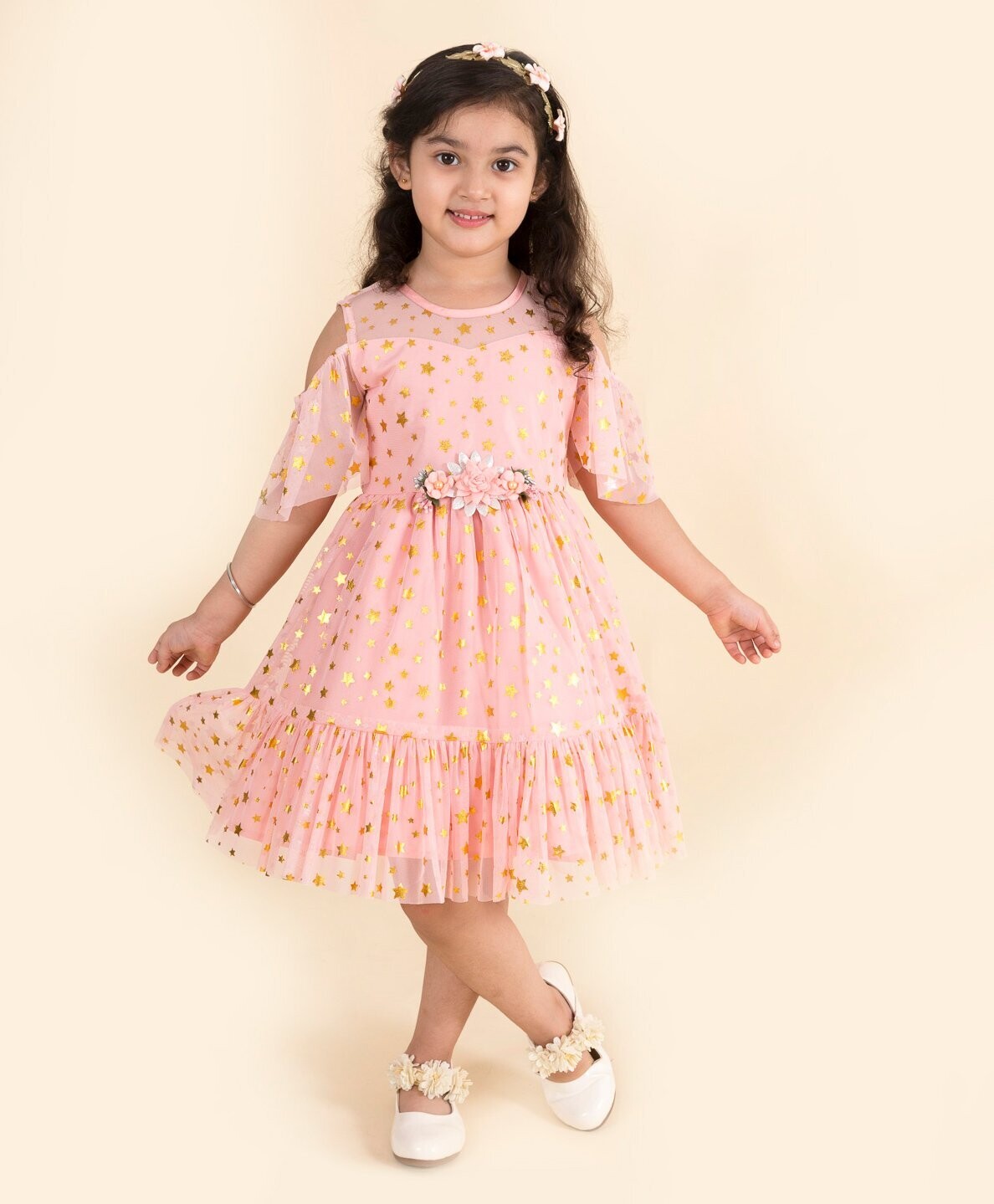 Girls Pink Floral Net Midi Dress