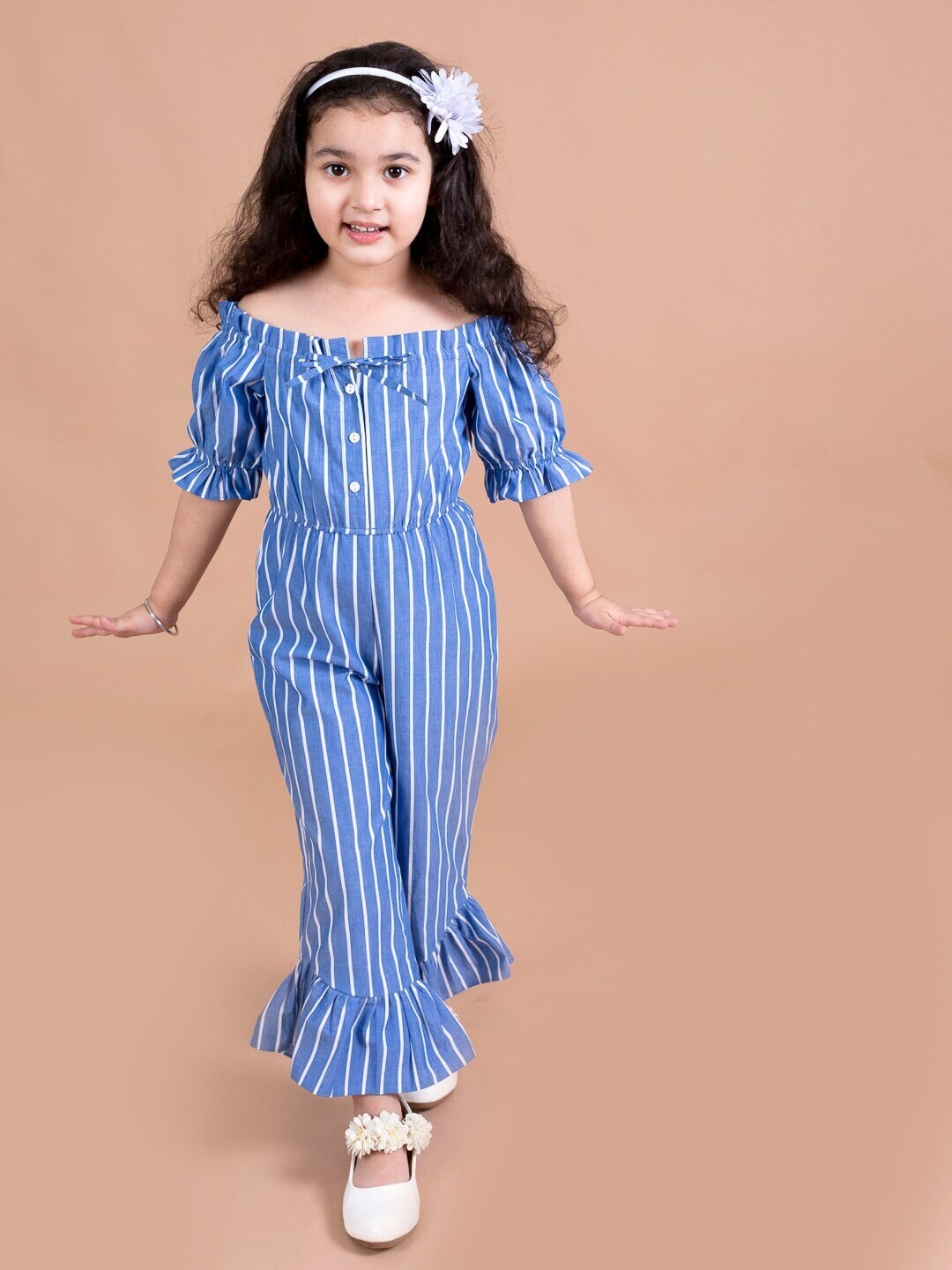 Girls Blue &amp; White Off-Shoulder Striped Basic Jumpsuit
