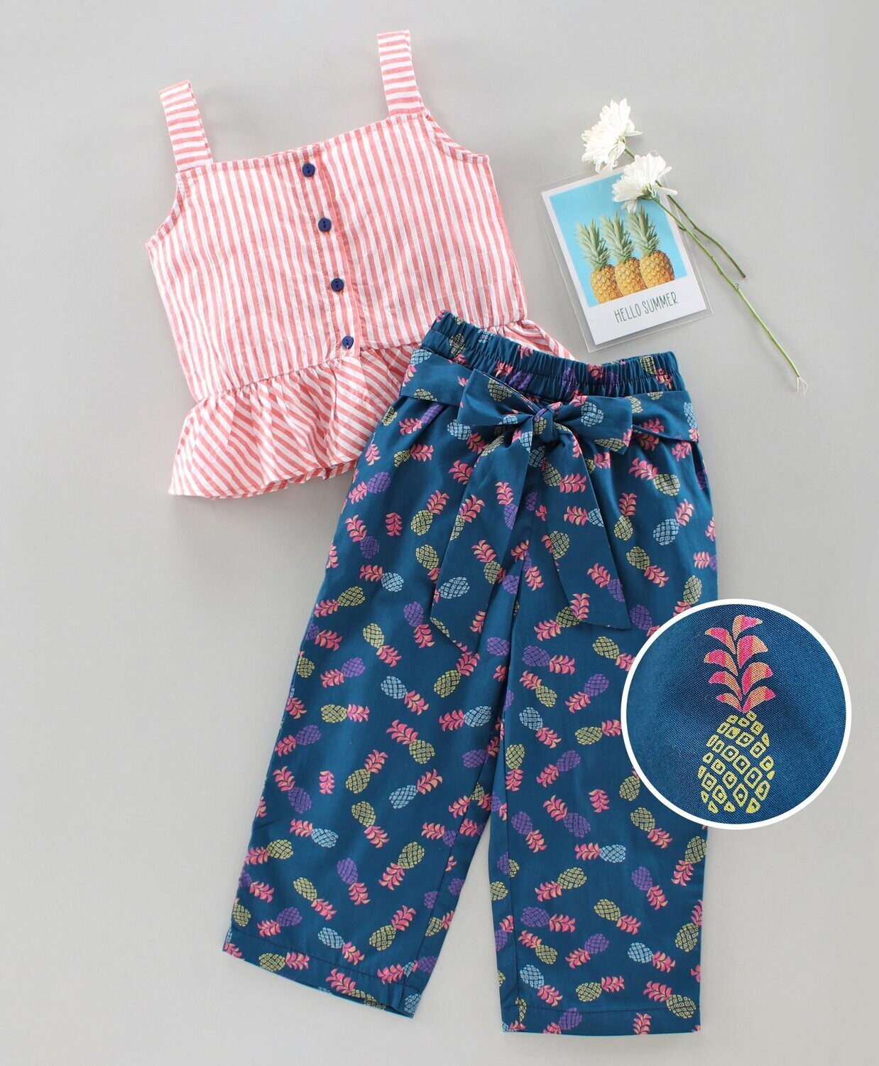 Girls White &amp; Navy Blue Striped A-Line Top with Trousers