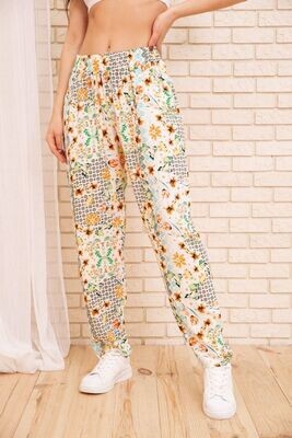 Summer cotton pants with floral print color White powder Summer cotton pants with floral print color White powder
