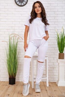 Summer women's suit T-shirt and pants with slits color White Summer women's suit T-shirt and pants with slits color White