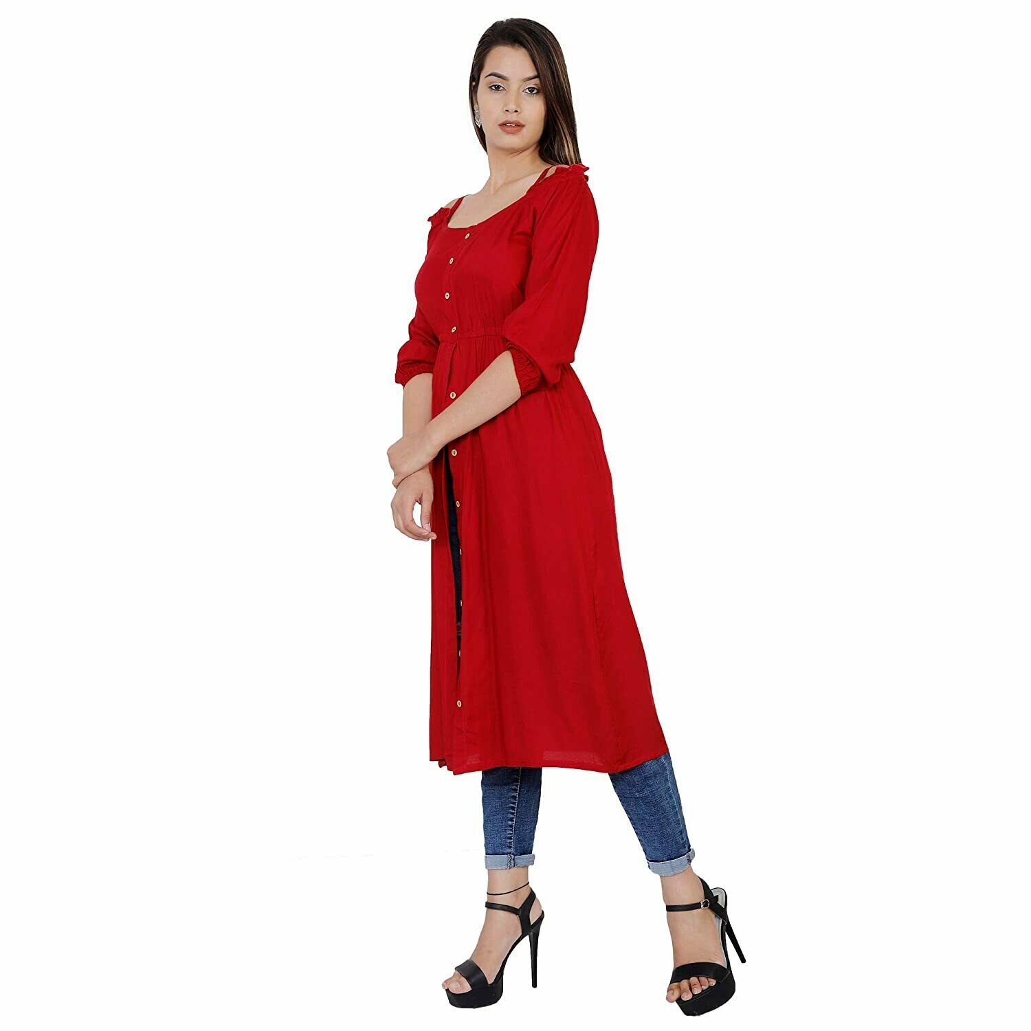 OMASK Designer Solid Front Slit Kurti(Maroon)