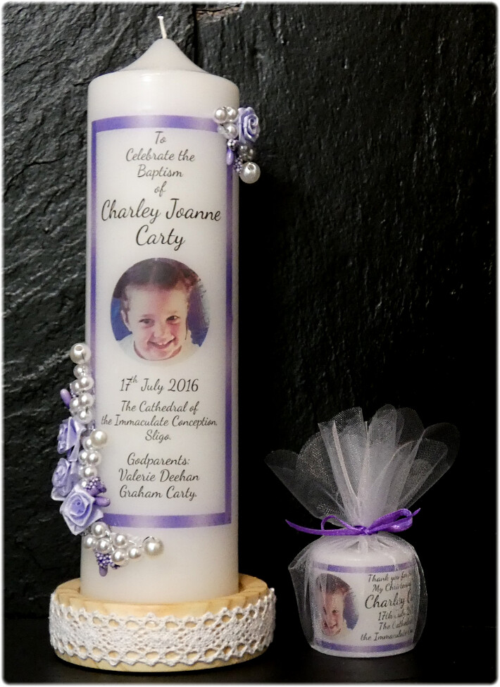 SPECIAL OFFER FLORAL BORDER 2 CHRISTENING CANDLE LARGE + 5 FAVORS