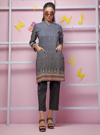 BLUE GRAY DIGITAL PRINTED KURTI