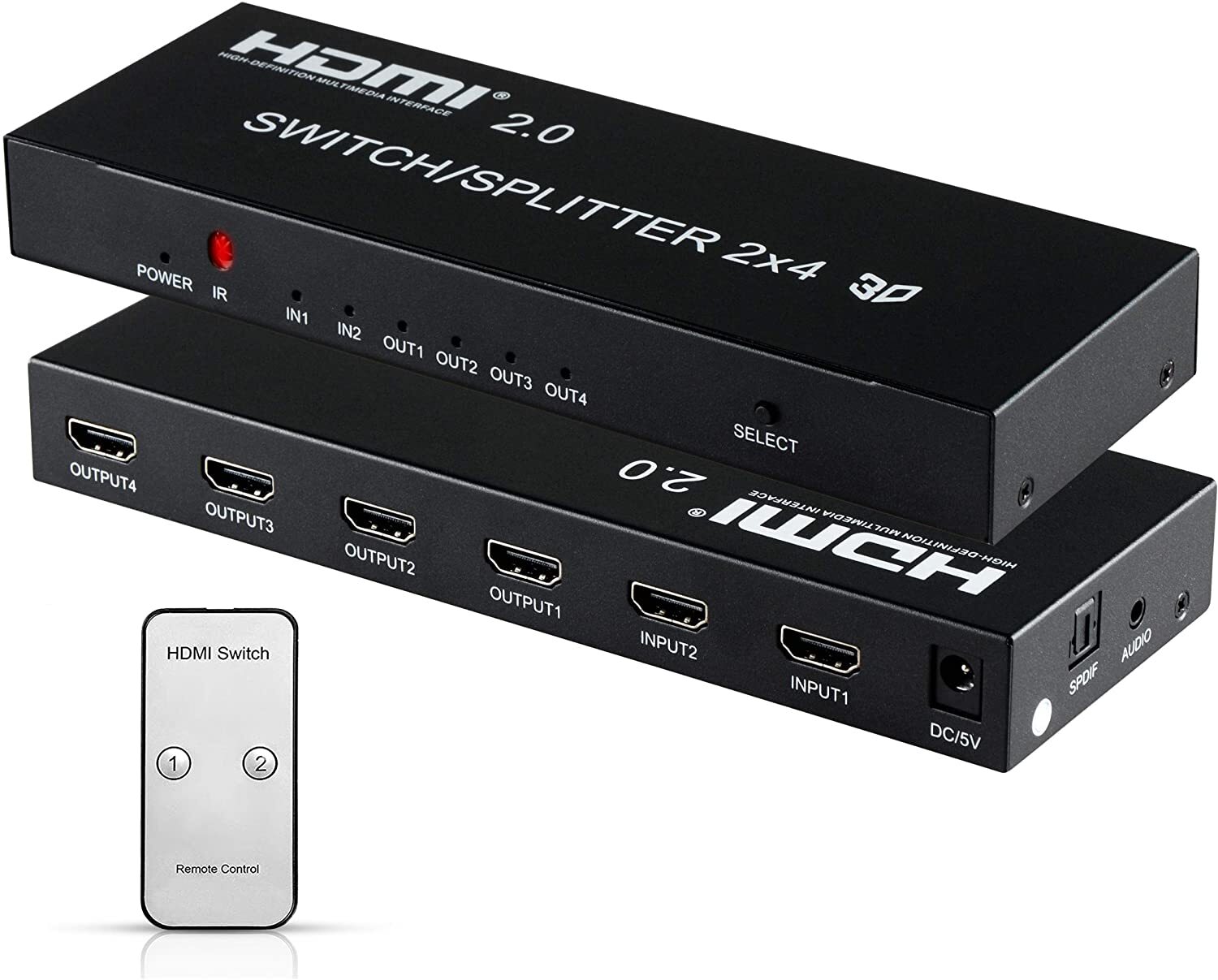4K@60Hz HDMI Audio Extractor Splitter Switcher 2 in 4 Out with Remote,  MOYOON 2-Port HDMI Switch