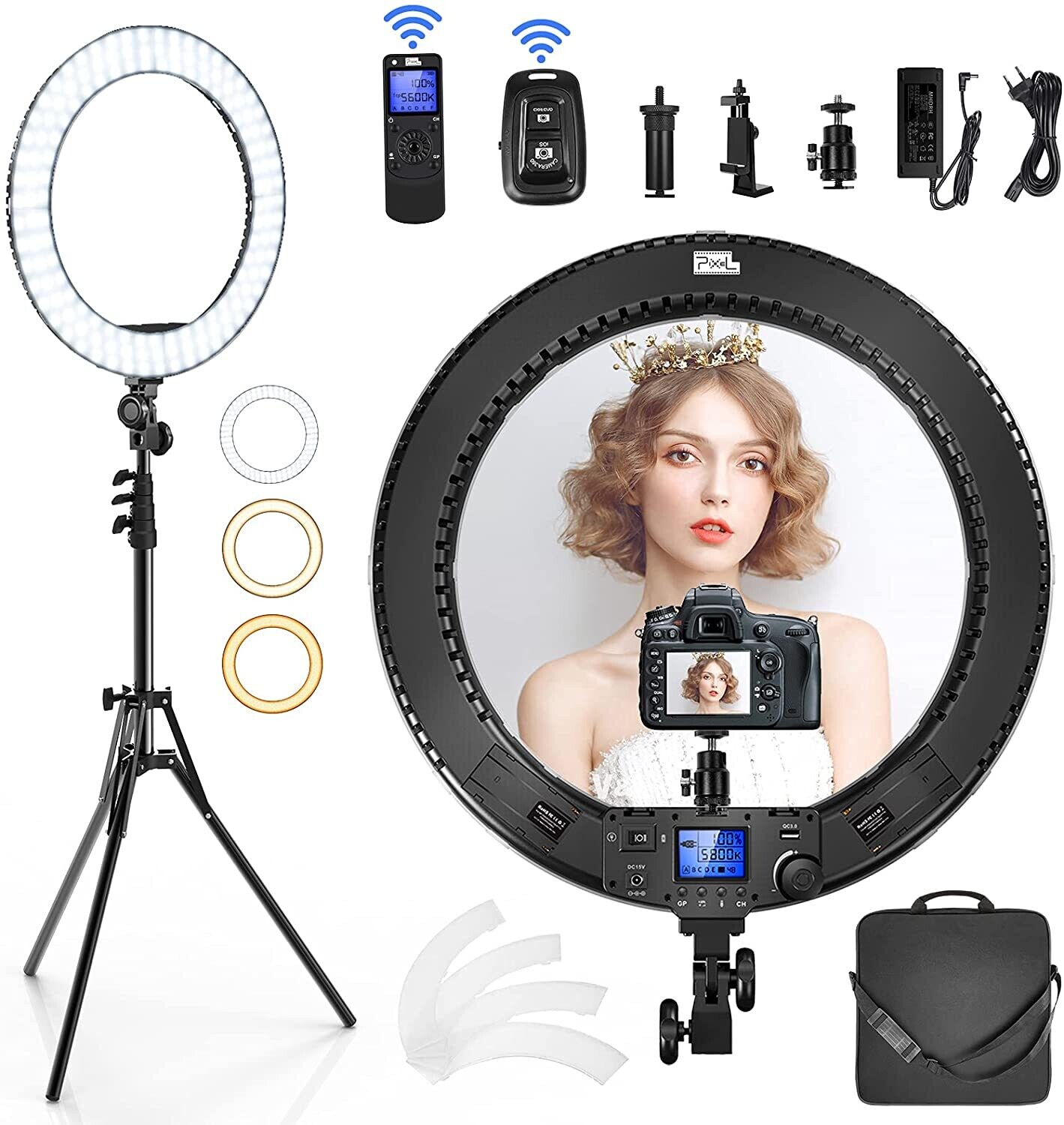 PIXEL 19 inch Ring Light Kit, 60W LED Ring Light with LCD Screen, Support 2.4G Remote and Multiple Lights Control, CRI>97, 3000K-5800K, Tripod Included for Makeup, YouTube Video, Barber, Tiktok Live