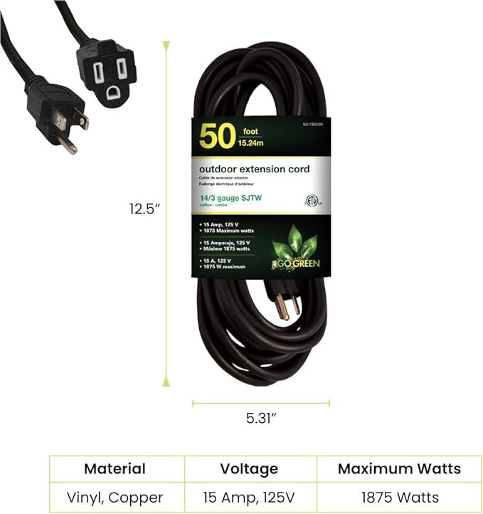 GO GREEN-13750BK 50&#39; OUTDOOR EXTENSION CORD