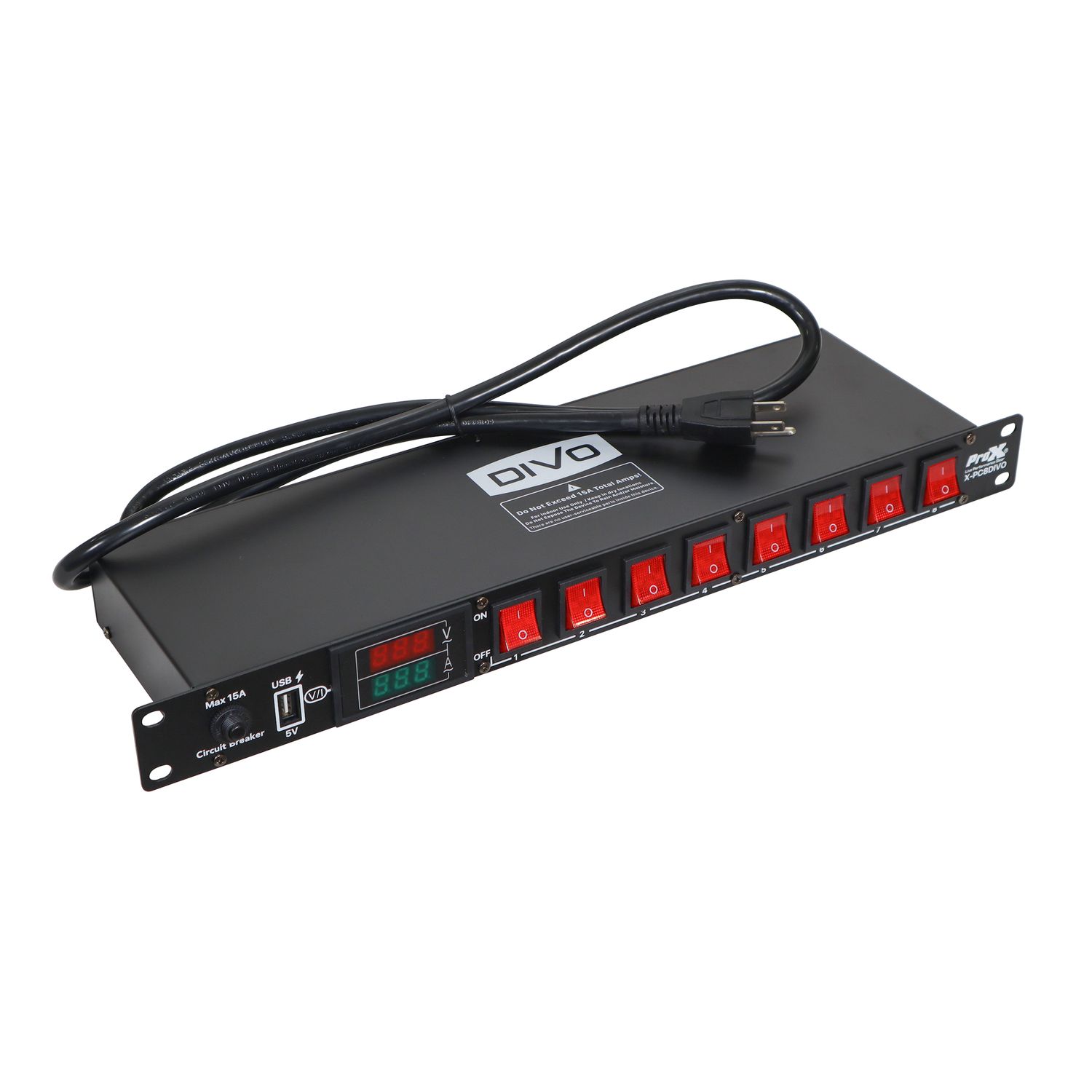 Pro X X-PC8DIVO 8 Way Power Center Power Distribution 1U Rack Mountable LED Lamp 5V USB port On Off LED Toggle Switches