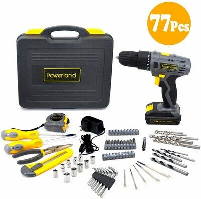 Werktough 77PCS 18/20V Cordless Drill Screwdriver Tool Set in Toolbox Storage Case Tool Kit Home Repair Set Father Day Gift Box Combo Kit Home Improvements