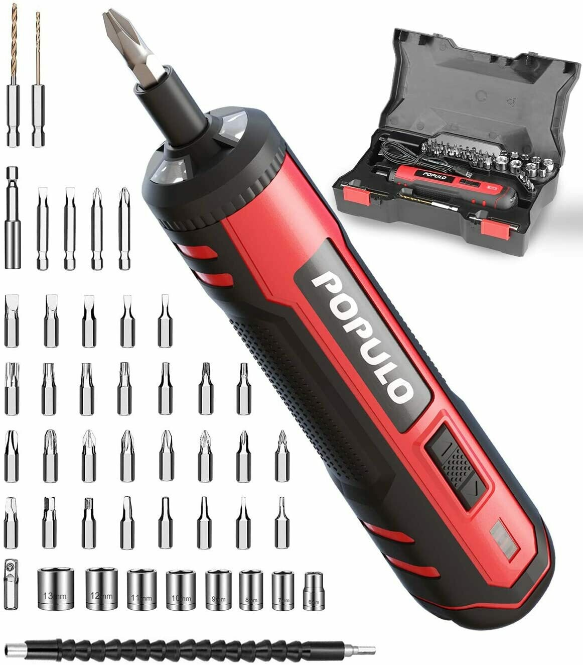 4V Cordless Electric Screwdriver Kit, USB Rechargeable Lithium ion Battery, LED Work Light, 32 pieces Screwdriver Bits, 8 Sockets, Flex Hex Shaft, Bit Holders and Storage box, Populo CSL-4000