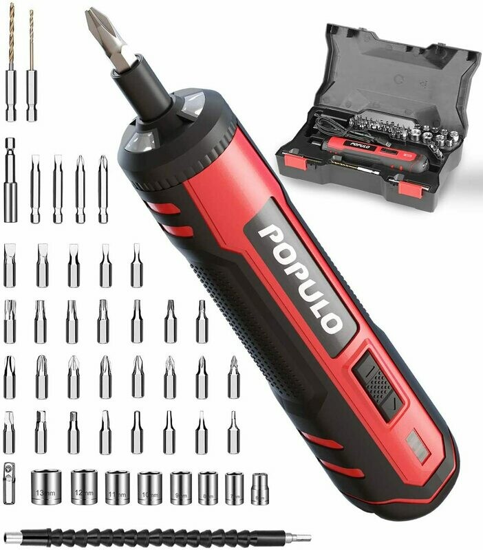 4V Cordless Electric Screwdriver Kit, USB Rechargeable Lithium ion Battery, LED Work Light, 32 pieces Screwdriver Bits, 8 Sockets, Flex Hex Shaft, Bit Holders and Storage box, Populo CSL-4000
