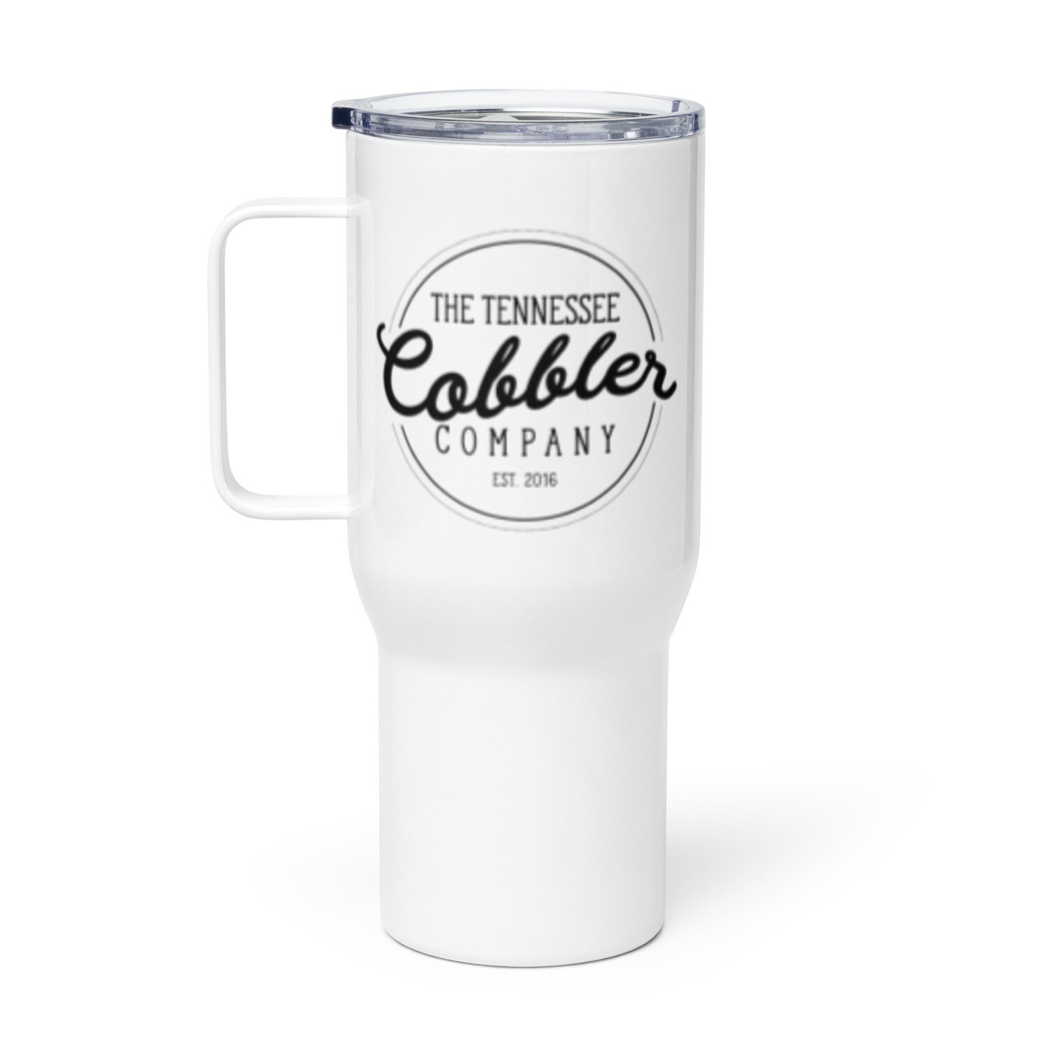The Tennessee Cobbler Co. Logo Travel mug with a handle