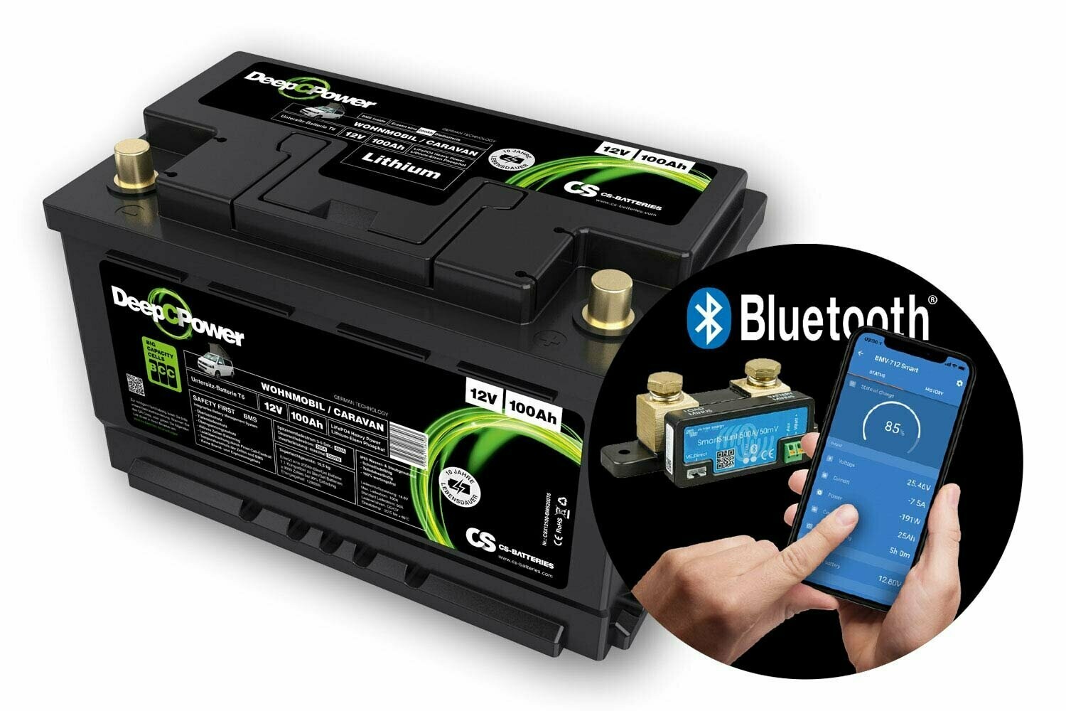 CS-Batteries LiFePO4 -Caravan / Wohnmobil- VW T6 Untersitz-Batterie 12V / 100Ah mit 500A Bluetooth-Mess-Shunt