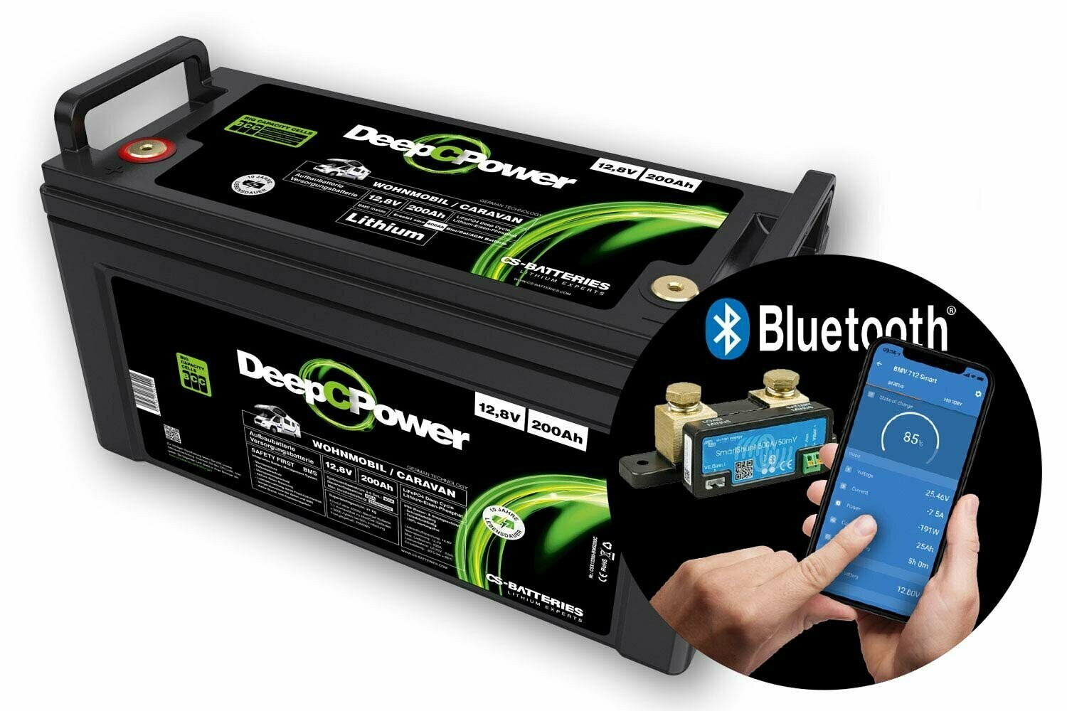CS-Batteries LiFePO4 -Caravan / Wohnmobil- Batterie 12V / 200Ah mit 500A Bluetooth-Mess-Shunt