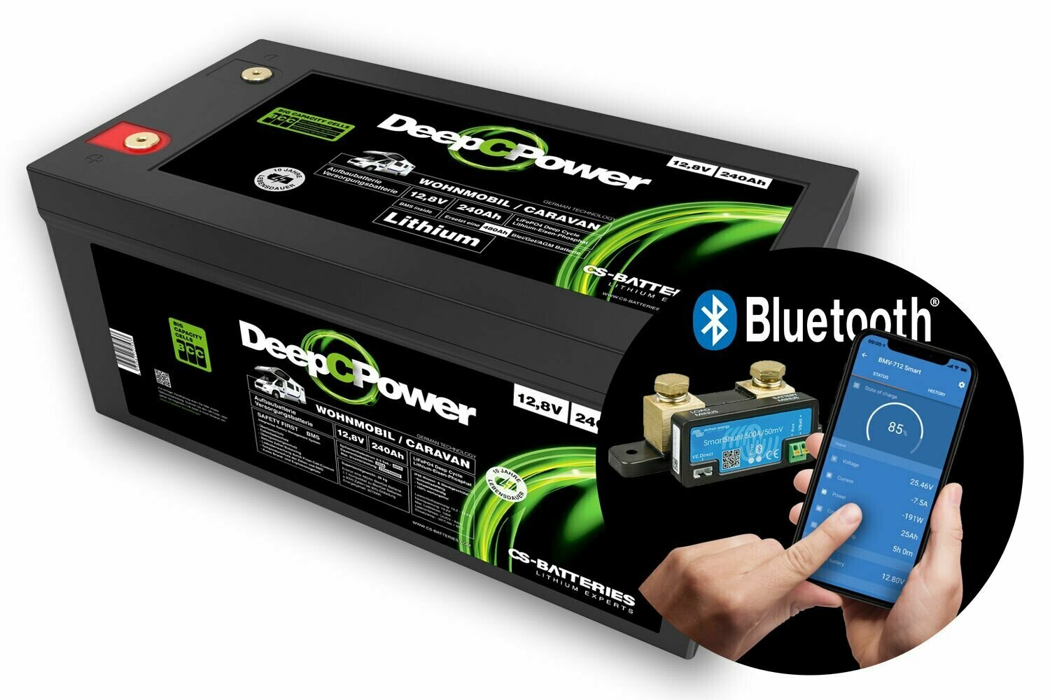 CS-Batteries LiFePO4 Wohnmobil- Batterie 12V / 240Ah mit 500A Bluetooth-Mess-Shunt