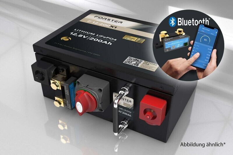 Forster 12,8V Lithium 200Ah LiFePO4 Premium Batterie | 200A-BMS-2.0 | 500A Bluetooth Mess-Shunt | Ducato Ford PSA | 2560Wh