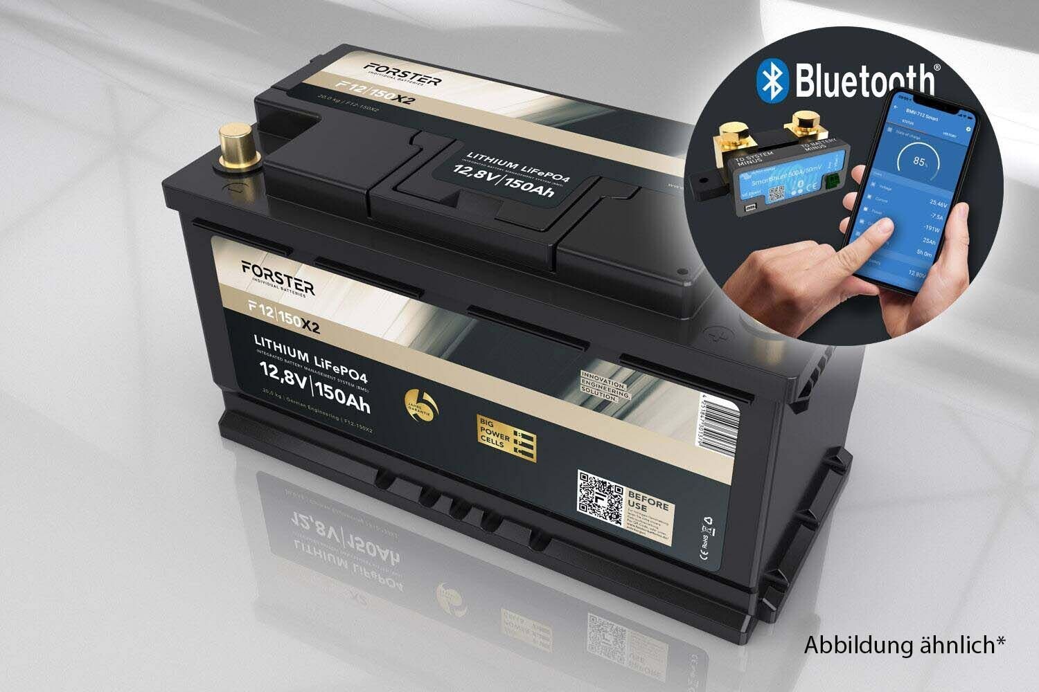 Forster 12,8V Lithium 150Ah LiFePO4 Premium Batterie | 200A-BMS-2.0 | 500ABluetooth Mess-Shunt | Ducato Ford PSA | 1920Wh | IP67