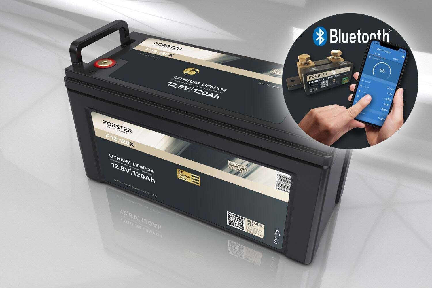 Forster 12,8V Lithium 120Ah LiFePO4 Premium Batterie | 200A-BMS-2.0 | 500A Bluetooth Mess-Shunt | 1536Wh | IP67