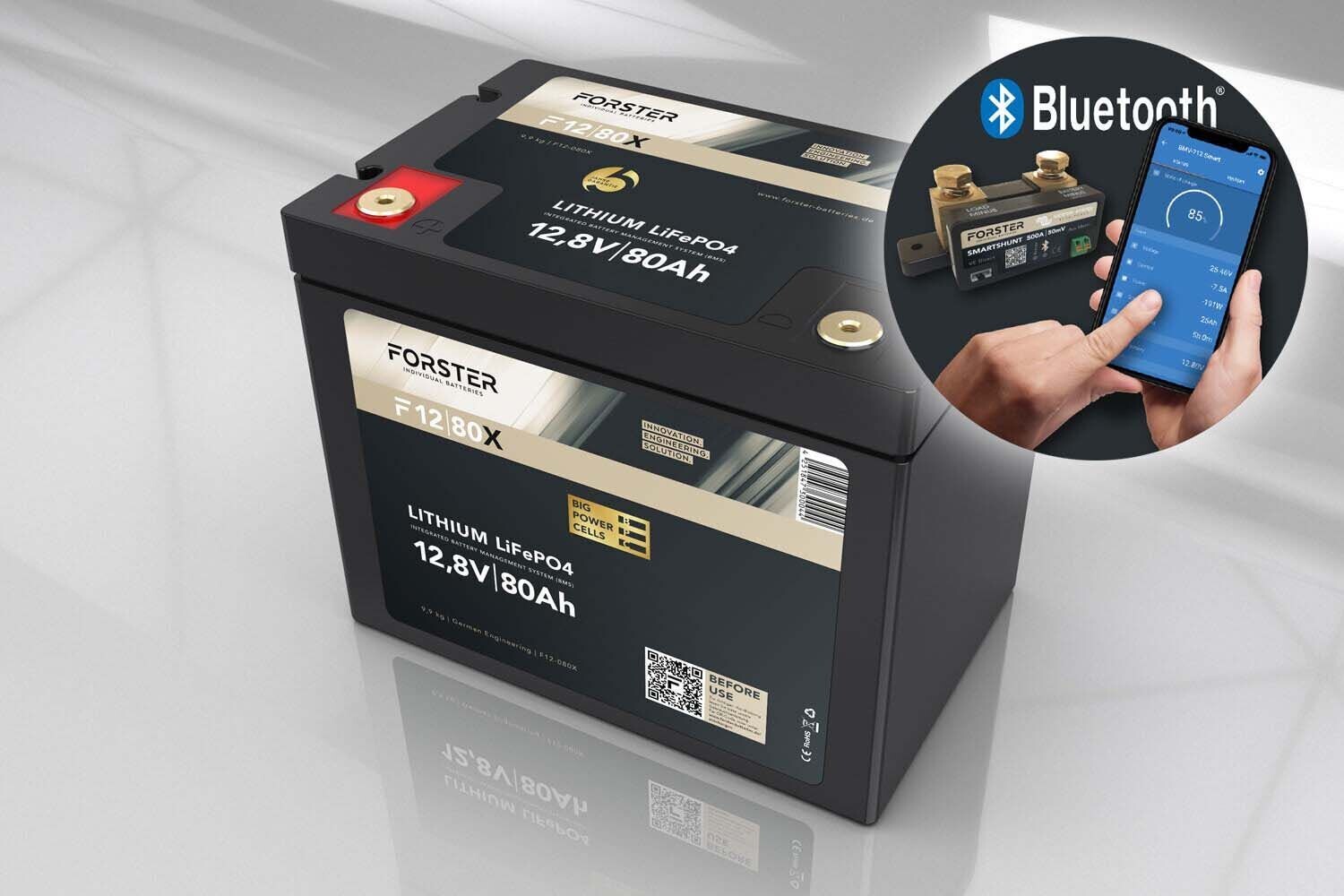 Forster 12,8V Lithium 80Ah LiFePO4 Premium Batterie | 200A-BMS-2.0 | 500A Bluetooth Mess-Shunt | 1024Wh | IP67