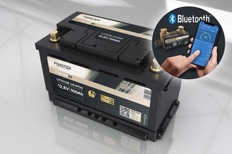 Forster 12,8V Lithium 100Ah LiFePO4 Premium Batterie | 200A-BMS-2.0 | 500ABluetooth Mess-Shunt | Ducato Ford PSA VWT6 TGE | 1280Wh | IP67 Forster 12,8V Lithium 100Ah LiFePO4 Premium Batterie | 200A-BMS-2.0 | 500ABluetooth Mess-Shunt | Ducato Ford PSA VWT6 TGE | 1280Wh | IP67