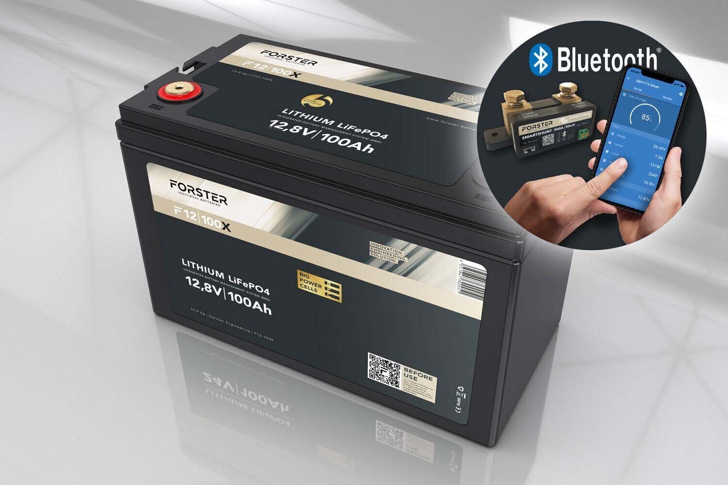 Forster 12,8V Lithium 100Ah LiFePO4 Premium Batterie | 200A-BMS-2.0 | 500A Bluetooth Mess-Shunt | 1280Wh | IP67