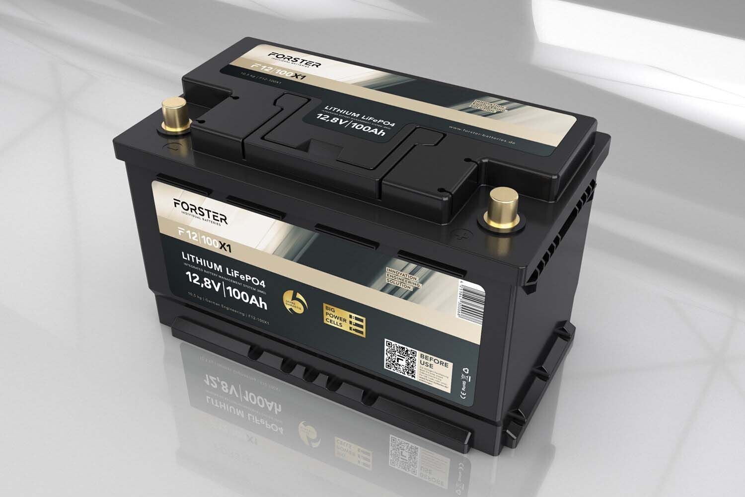 Forster 12,8V Lithium 100Ah LiFePO4 Premium Batterie | 200A-BMS-2.0 | Ducato Ford PSA VWT6 TGE | 1280Wh | IP67