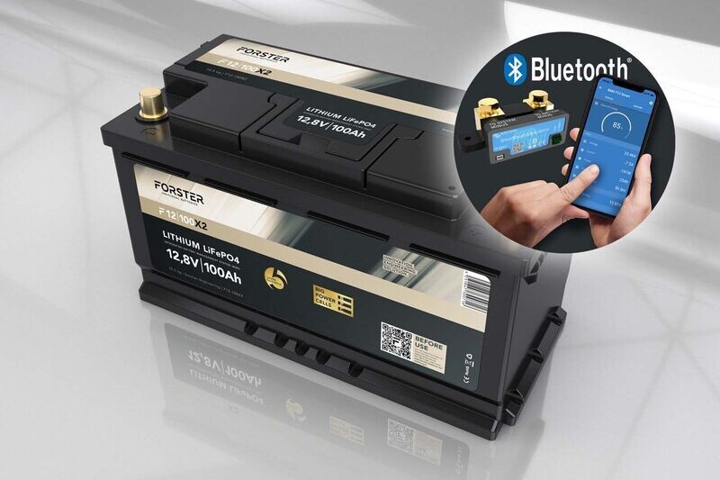 Forster 12,8V Lithium 100Ah LiFePO4 Premium Batterie | 200A-BMS-2.0 | 500A Bluetooth Mess-Shunt | Ducato Ford PSA | 1280Wh | IP67 Forster 12,8V Lithium 100Ah LiFePO4 Premium Batterie | 200A-BMS-2.0 | 500A Bluetooth Mess-Shunt | Ducato Ford PSA | 1280Wh | IP67