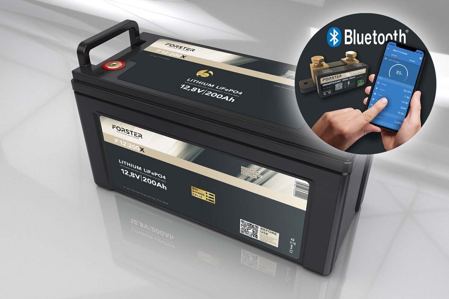 Forster 12,8V Lithium 200Ah LiFePO4 Premium Batterie | 200A-BMS-2.0 | 500A Bluetooth Mess-Shunt | 2560Wh | IP67