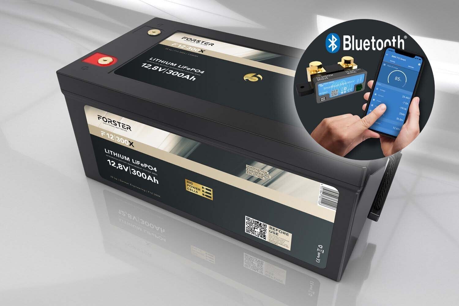 Forster 12,8V Lithium 300Ah LiFePO4 Premium Batterie | 200A-BMS-2.0 | 500A Bluetooth Mess-Shunt | 3840Wh | IP67