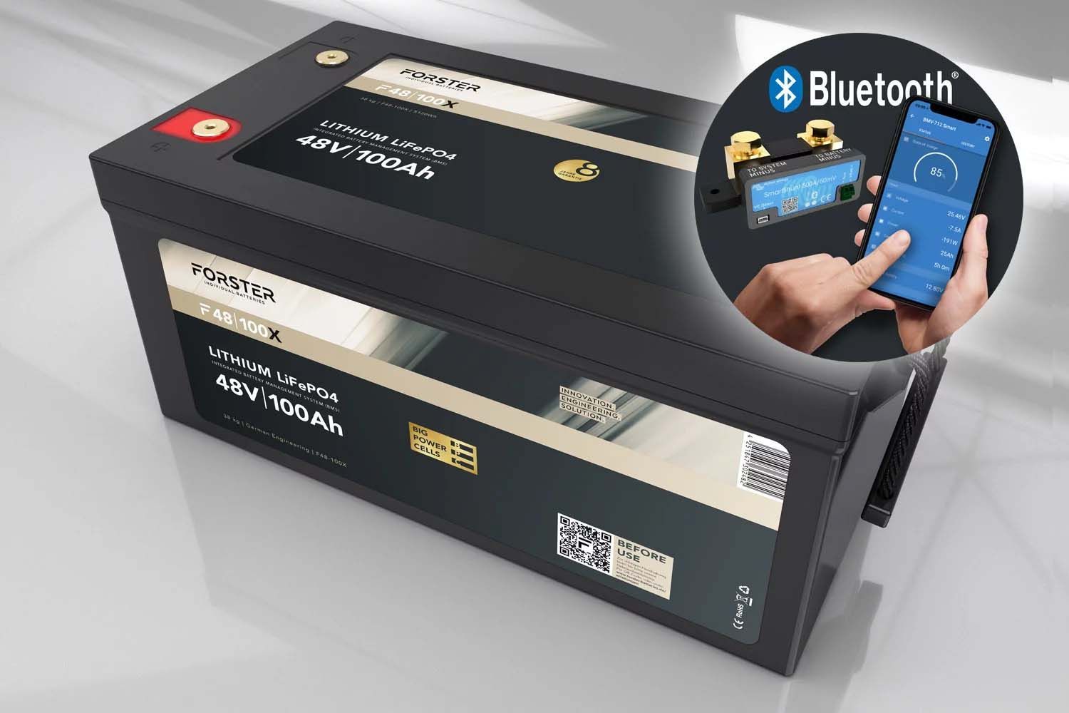 Forster 51,2V Lithium 100Ah LiFePO4 Premium Batterie | 200A-BMS-2.0 | 500A Bluetooth Mess-Shunt | 5120Wh | IP67